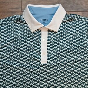 RHONE Polo Mens Medium Green Geometric AOP Golf Sport Performance Stretch Flex